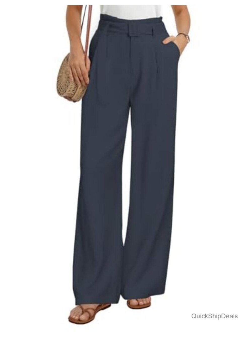High Waisted Wide Leg Linen Blend Palazzo Trousers with Pockets Business Casual